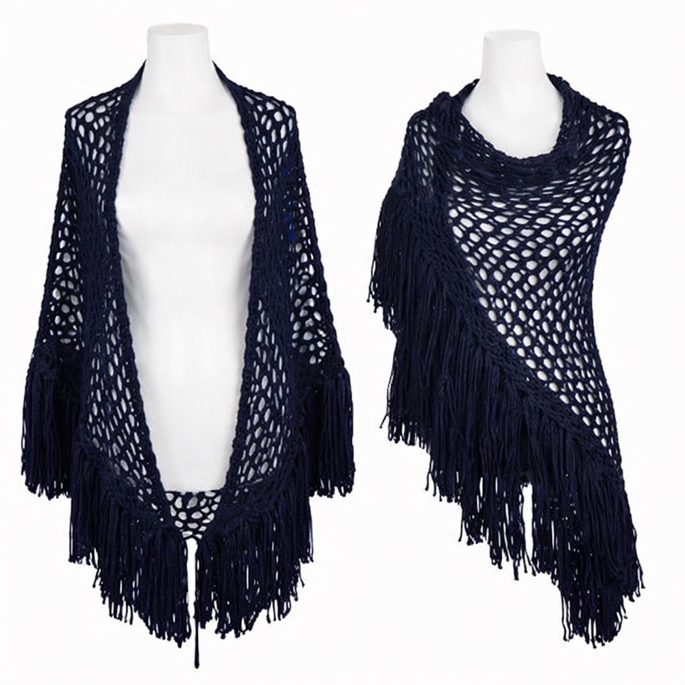 Hand Crocheted Navy Fringe Shawl Wrap Open Knit Boho One Size